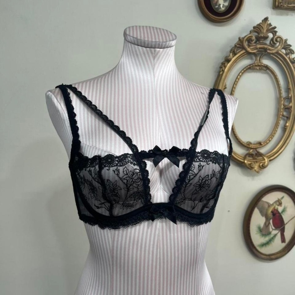 Agent Provocateur Rosa Black Sheer Lace Embroidered Underwire Bra 32C Luxury